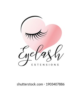 Eyelash extension logo with rose gold heart. Design for beauty salon, lashes and eyebrows artist