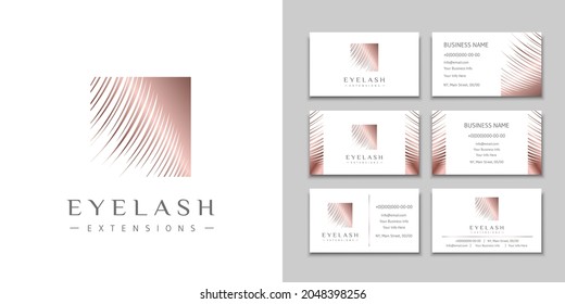 Eyelash extension logo with rose gold lashes and a set of business cards. Design brand for beauty salon, makeup and eyebrows artist