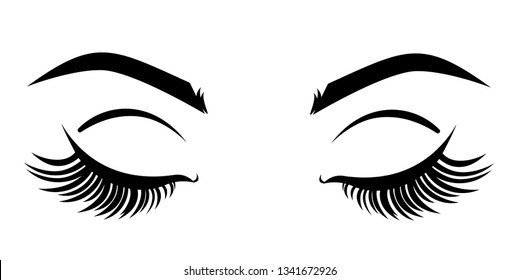 Eyelash extension logo. Vector illustration with closed eyes with long eyelashes for beauty salon. 
