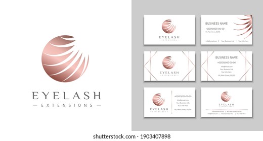 Eyelash extension logo with white lashes in bronze circle and a set of business cards. Design brand for beauty salon, lashes and eyebrows artist