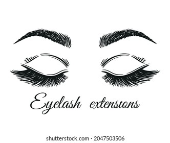 Eyelash extension. Long lashes and eyebrows. Closed woman eyes closeup. Makeup volume mascara. Permanent tattoo, styling and correction brows shape maker. Beauty salon face cosmetic procedure. Vector