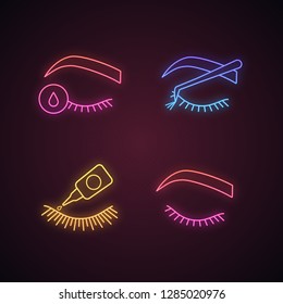 Eyelash extension neon light icons set. False lashes glue, primer for eyelash extension, cluster, closed woman's eye. Glowing signs. Vector isolated illustrations