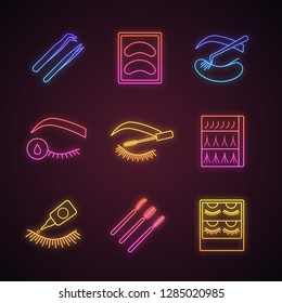 Eyelash extension neon light icons set. Tweezers, disposable eyeshadow pads, primer, glue, mascara wands, eyelash extension packaging. Glowing signs. Vector isolated illustrations