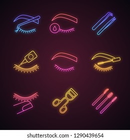 Eyelash extension neon light icons set. Makeup tools. Primer, cluster, tweezers, glue, lash curler, scissors, stop touching, disposable mascara wands. Glowing signs. Vector isolated illustrations