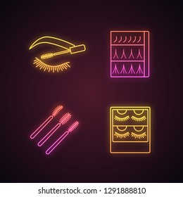 Eyelash extension neon light icons set. False lashes. Eyelash extention packaging, disposable mascara wands. Glowing signs. Vector isolated illustrations