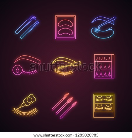 Eyelash extension neon light icons set. Tweezers, disposable eyeshadow pads, primer, glue, mascara wands, eyelash extension packaging. Glowing signs. Vector isolated illustrations