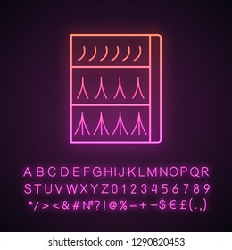 Eyelash extension packaging neon light icon. Individual, flare false lashes kit. Single, 2D, 3D volume eyelashes pack. Glowing sign with alphabet, numbers and symbols. Vector isolated illustration