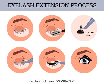 Eyelash extension process, flat vector illustration on white background. Beauty procedure infographic. Professional instruments for lush extension.