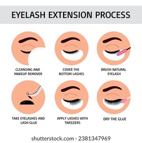 Proceso de extensión de Eyelash. Ilustración vectorial plana. Infografía para lashmaker