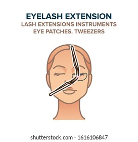 Eyelash extension process illustration. Tweezers. Eye patches, other instruments. For your design