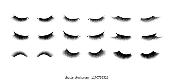 Eyelash Extension Set. Beautiful Black Long Eyelashes. Closed Eye . False Beauty Cilia. Mascara Natural Effect. Professional Glamor Makeup.