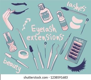 Eyelash extension set tools. Beauty vector illustration. Hand drawn Lettering.