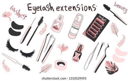 Eyelash extension set tools. Beauty vector illustration. Hand drawn Lettering, flowers, leaves