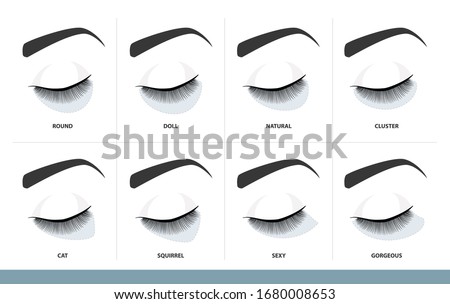 Eyelash Extension Style Chart.  Different Eyelash Extension Types and Shapes for Most Attractive Look. Guide. Infographic Vector Illustration 