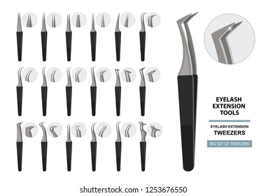 Eyelash Extension Tools. Big Set of tweezers isolated on white background. Different shapes. Vector illustration. Training poster. Guide