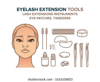 Eyelash extension tools illustration. Eye patches, tweezers, eyelashes, glue, other. For your design