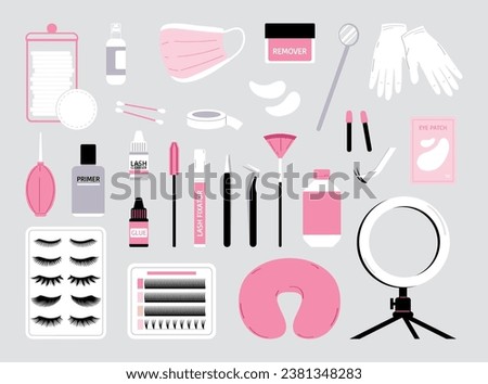 Eyelash extension tools set isolated on gray background. Collection of items for lashmaker. Flat vector illustration