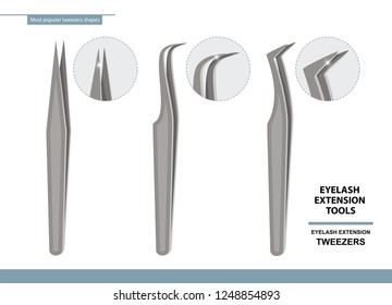 Eyelash Extension Tools. Set of most popular steel tweezers isolated on white background. Different shapes. Vector illustration. Training poster. Guide
