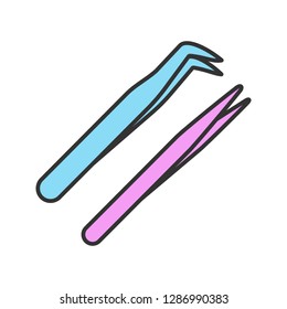 Eyelash extension tweezers color icon. Straight and curved pointed tweezers. Hair removal tool. Isolated vector illustration