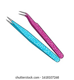 Eyelash extension tweezers. Color vector illustration. Blue and pink, for a cosmetic procedure