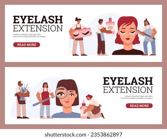 Eyelash extension web banners set, flat vector illustration. Women getting professional beauty treatment in salon. Masters holding glue, tweezers and artificial lashes box.