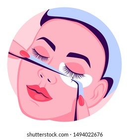 Eyelash extension for woman. Volume correction. Fake lashes making. Fashion and beauty. Isolated vector illustration in cartoon style
