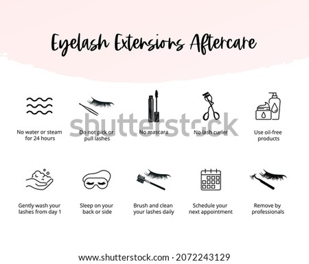Eyelash extensions aftercare instructions, lashes icons Foto stock © 
