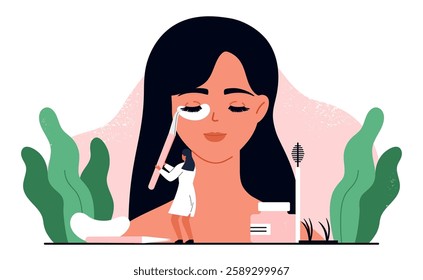 Eyelash extensions concept. Lashmaker  applying eyelash extensions to a woman. Cosmetology and beauty procedure aesthetic. Vector illustration in cartoon style. Isolated white background
