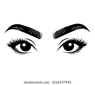 Eyelash extensions, eyebrow tattoo. Black and white illustration of women eyes and eyebrows. A woman face. Beautiful women eyes. Beauty industry. Beauty salon.