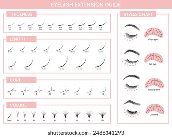 Eyelash extensions guide. Lashes extension types by thickness, length, curl and volume. Open, cat, natural and doll eye shapes styles. Beauty salon chart for makeup artist vector illustration.