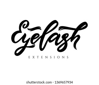 Eyelash extensions hand calligraphy lettering. Vector illustration. Black. Template logo of art studio extension, salon. Inscription of package product, flyer, banner, brochure, business card,blog