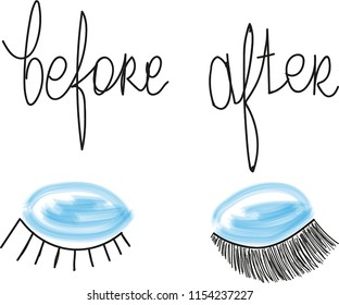 Eyelash extensions with lettering before and after. Hand made.