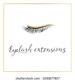 Eyelash extensions logo with golden texture. Modern lettering. Ideal  for lashes extensions salons, beauty shops, lash extensions makers etc.