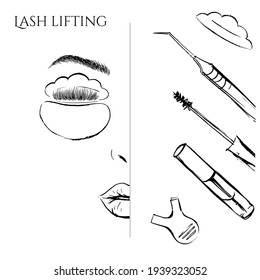 Eyelash lifting illustration. Beauty stylist tools.