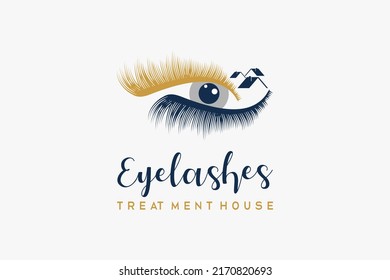 Eyelash logo with eyelash silhouette in a creative concept combined with a home icon, a logo for make up or a beauty salon