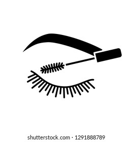 Eyelash mascara glyph icon. Silhouette symbol. Lashes and eyebrows tinting. Lashes and brows makeup product. Negative space. Vector isolated illustration