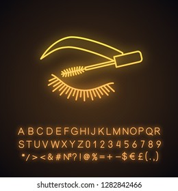 Eyelash mascara neon light icon. Lashes and eyebrows tinting. Lashes and brows makeup product. Glowing sign with alphabet, numbers and symbols. Vector isolated illustration