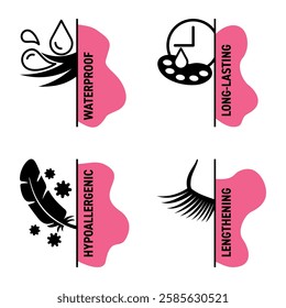 Eyelash mascara properties labels set - lenghtening, long-lasting, waterproof and hypoallergenic