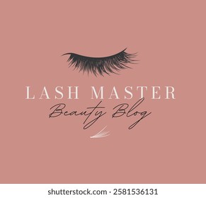 Eyelash master label design with lettering beauty blog drawing in art line style on beige background