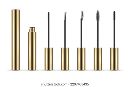 Eyelashes brushes applicator in golden tube container set realistic vector illustration. Makeup cosmetic ink mascara different shape fashionable feminine eyelashes paint makeover beauty product