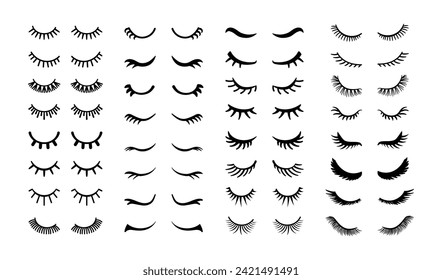 Eyelashes. Cartoon cute girl closed eye with lashes. Woman face makeup, black mascara. Simple beautiful girly sleep cilia line. Unicorn magic lash. Vector set. Curly long lashes with eyeliner