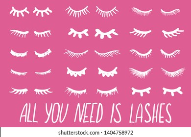 Eyelashes cartoon set. Cute closed doodle eyes. Pretty woman hand drawn lashes, sleeping girl. Icon set. Vector illustrations.