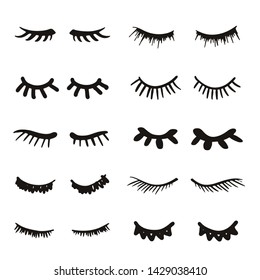 Eyelashes cartoon set. Cute closed doodle eyes. Pretty woman hand drawn lashes, sleeping girl. Icon set. Vector illustrations.
