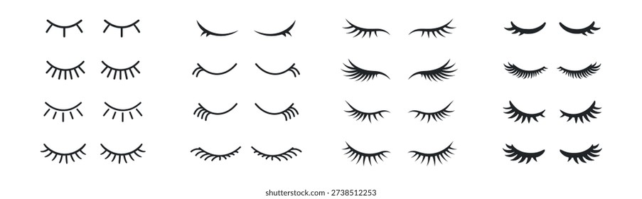 Ресницы с закрытыми глазами векторный набор, милый женский глаз значок для иллюстрации персонажа, мультяшные ресницы с тушью, женщина макияж, спящая красота и стиль единорога изолированы на прозрачном фоне