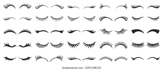 Eyelashes Collection Isolated On White Background. Stunning Array Of Various Lengths And Styles, Perfect For Enhancing Eyes Natural Beauty, Adding Allure And Elegance To Look. Vector Illustration, Set