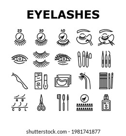 Eyelashes Extension Collection Icons Set Vector. Applying And Correction Eyelashes, Patches And Tweezers, Brushes And Scissors Black Contour Illustrations