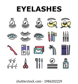 Eyelashes Extension Collection Icons Set Vector. Applying And Correction Eyelashes, Patches And Tweezers, Brushes And Scissors Concept Linear Pictograms. Contour Color Illustrations