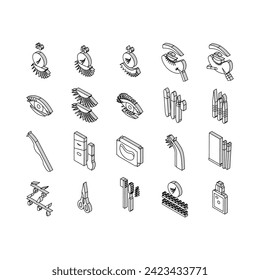 Eyelashes Extension Collection isometric icons set. Applying And Correction Eyelashes, Patches And Tweezers, Brushes And Scissors Concept Linear Pictograms. Contour Color .