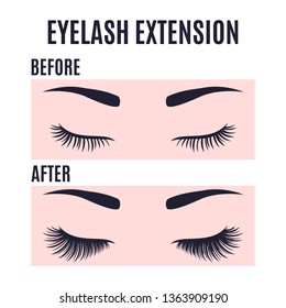 Eyelashes extension design before and after the care result. Vector illustration. Vector illustration.
