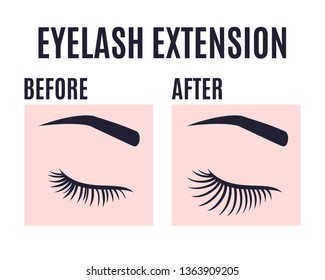 Eyelashes extension design before and after the care result. Vector illustration. Vector illustration.